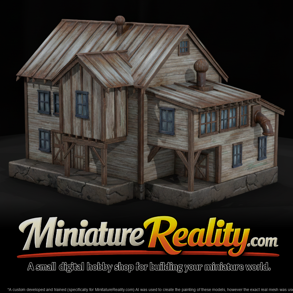 Rundown Wooden Model Building, three-quarter view