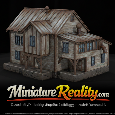 Rundown Wooden Model Building, three-quarter view