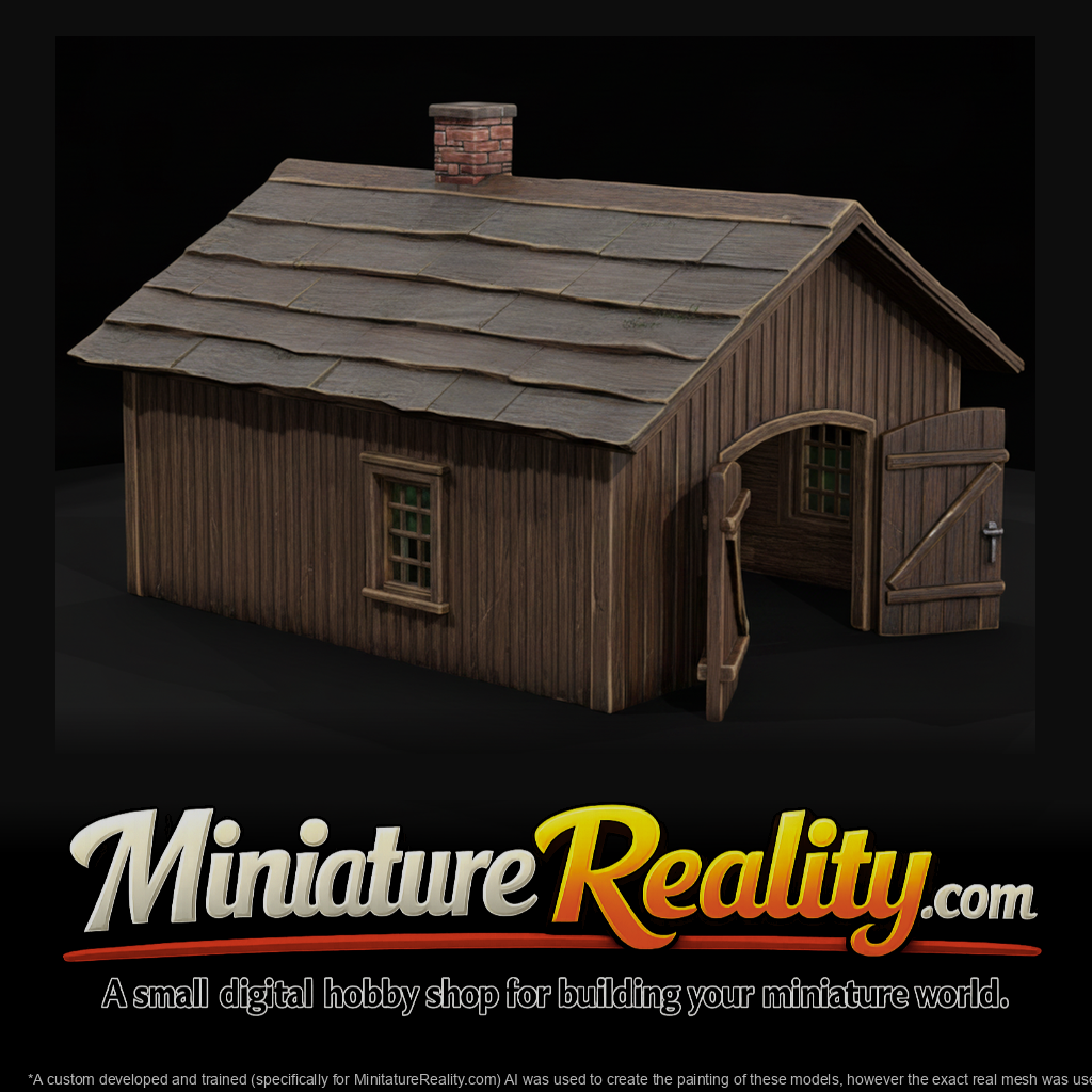 Rustic Blacksmith Shop miniature, three-quarter view