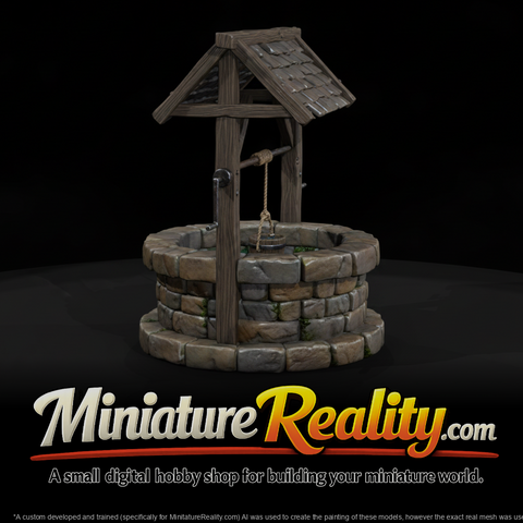 Rustic Stone Wishing Well miniature, three-quarter view