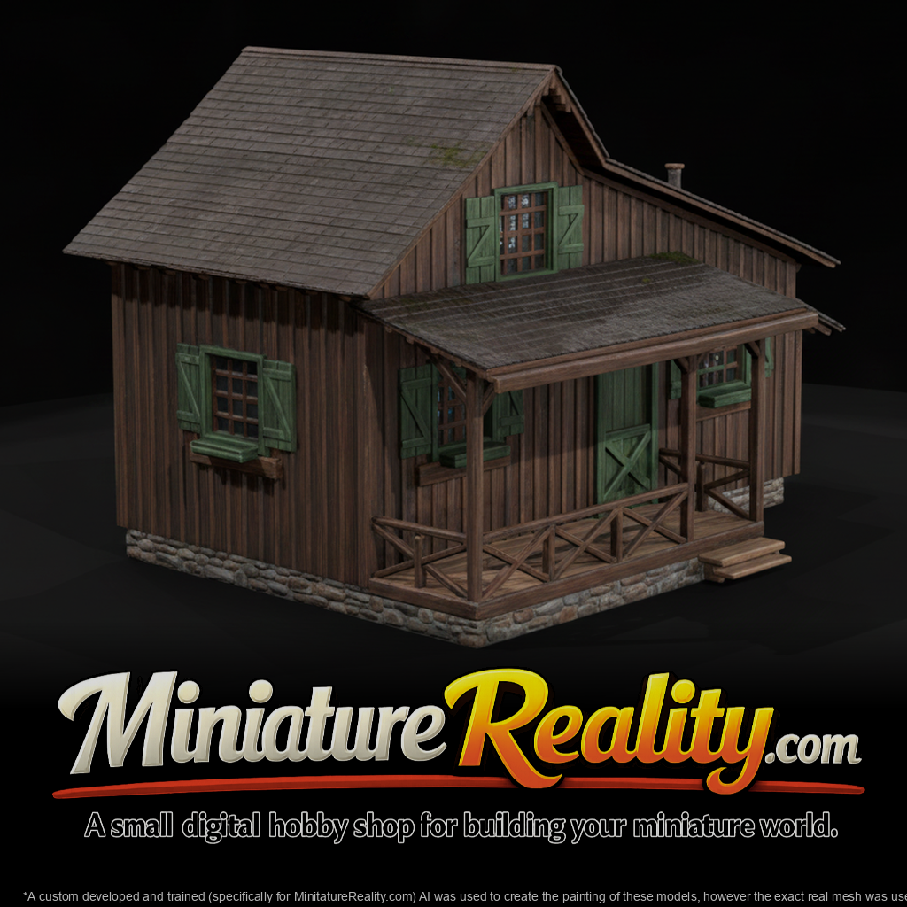 Rustic Wooden Cabin miniature, three-quarter view