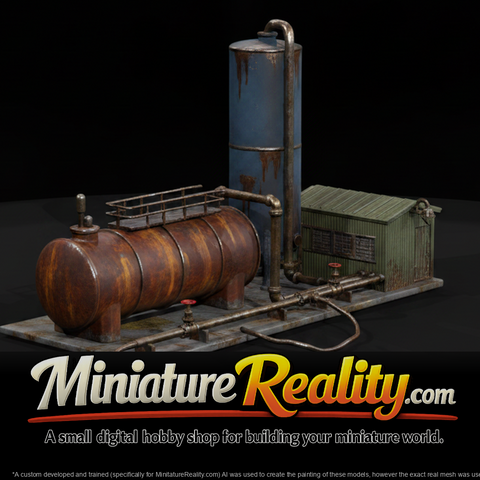 Rusty Industrial Facility miniature, three-quarter view