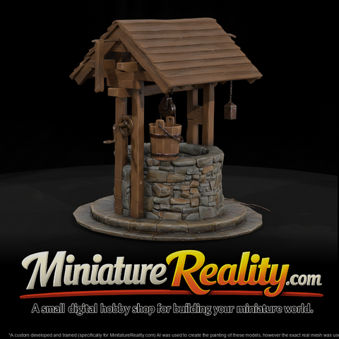 Stone Well with Roof miniature, three-quarter view