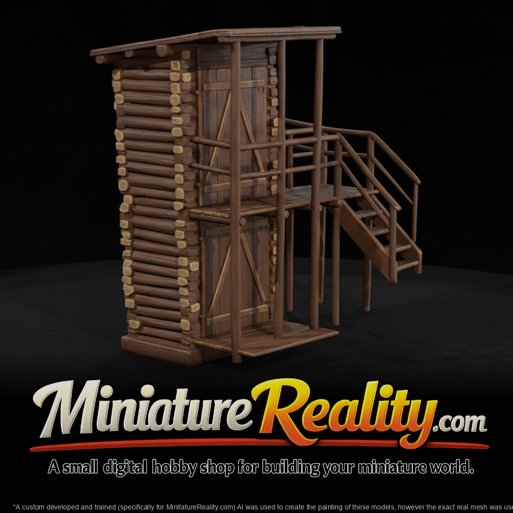 Tall Two Story Log Outhouse miniature, three-quarter view