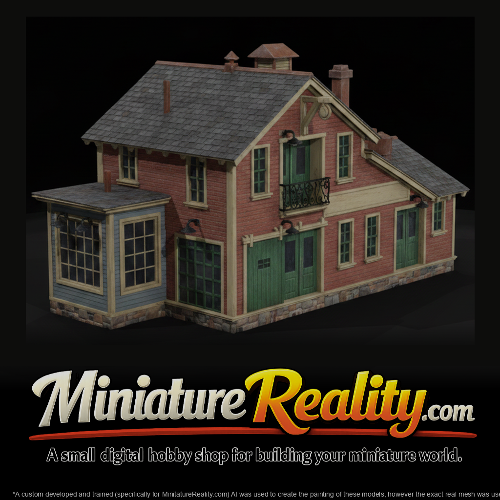 Trackside Factory Building miniature, three-quarter view