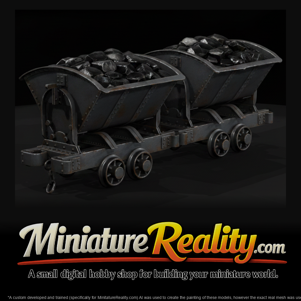 Two Mine Carts with Rocks miniature, three-quarter view