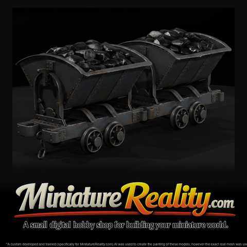 Two Mine Carts with Rocks miniature, three-quarter view