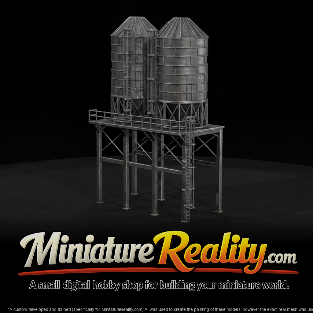 Two Railroad Grain Silos miniature, three-quarter view