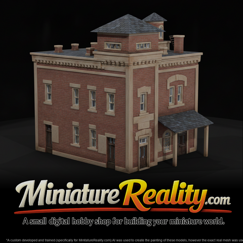 Two Story Brick Building miniature, three-quarter view