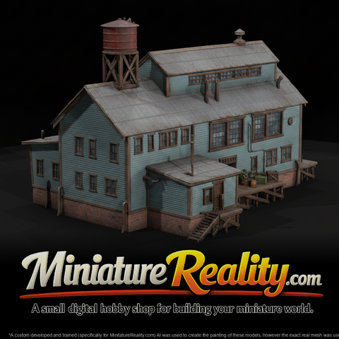 Weathered Model Factory Building, three-quarter view