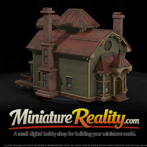 Weathered Victorian House miniature, three-quarter view