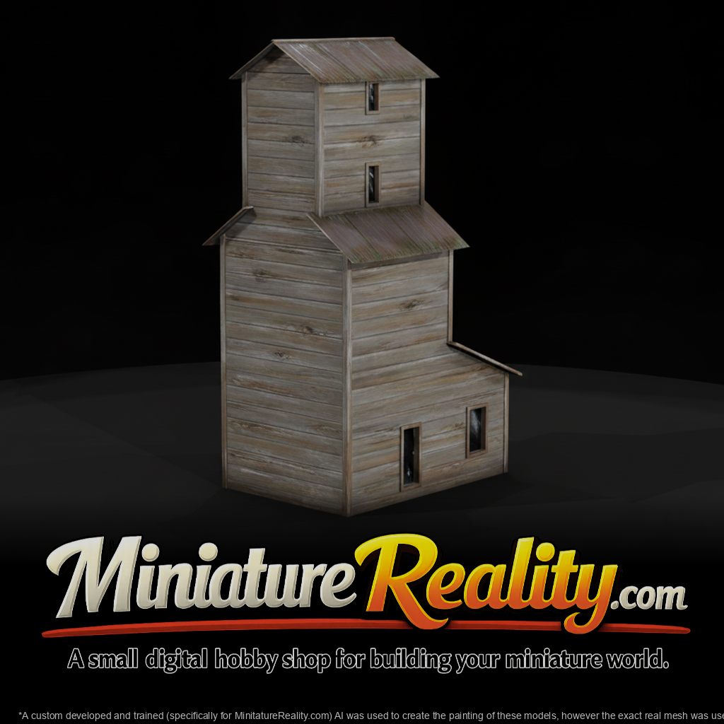 Weathered Wood Grain Elevator miniature, three-quarter view