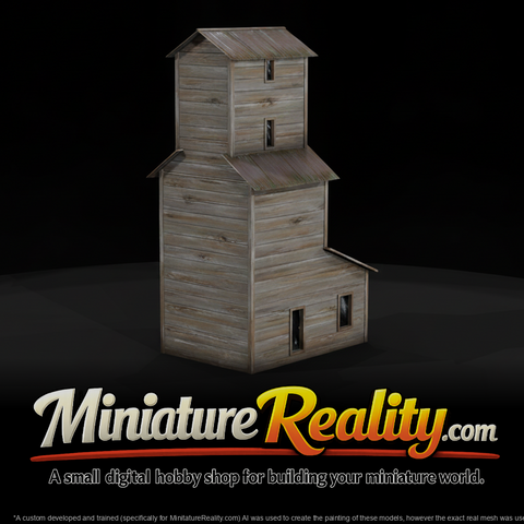 Weathered Wood Grain Elevator miniature, three-quarter view