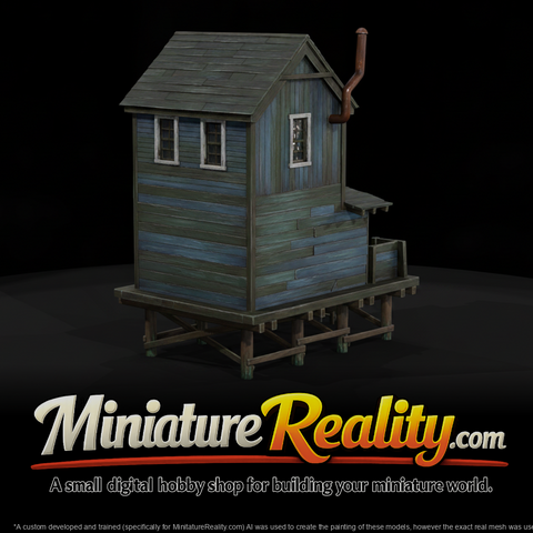 Weathered Wooden Fishing Shack miniature, three-quarter view