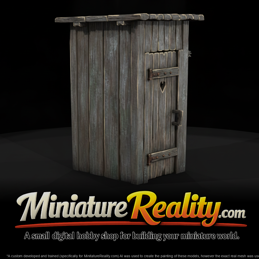 Weathered Wooden Outhouse miniature, three-quarter view