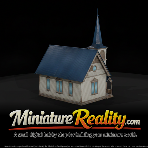 White Church Blue Steeple miniature, three-quarter view