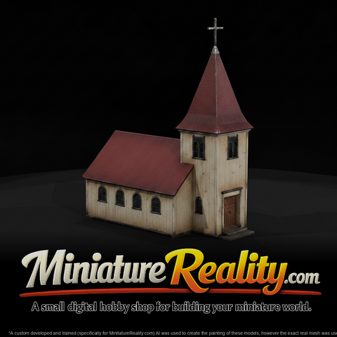 White Church Red Roof miniature, three-quarter view