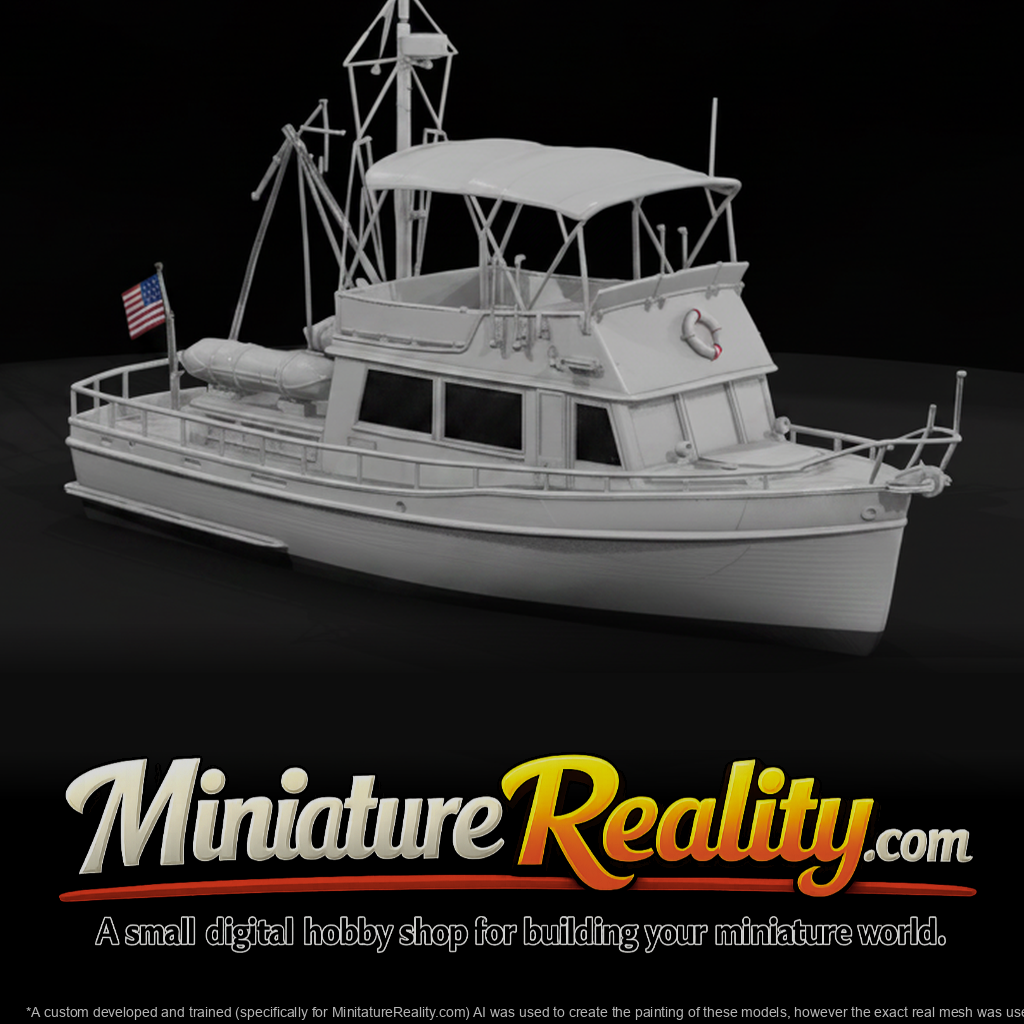 White Trawler Style Yacht miniature, three-quarter view