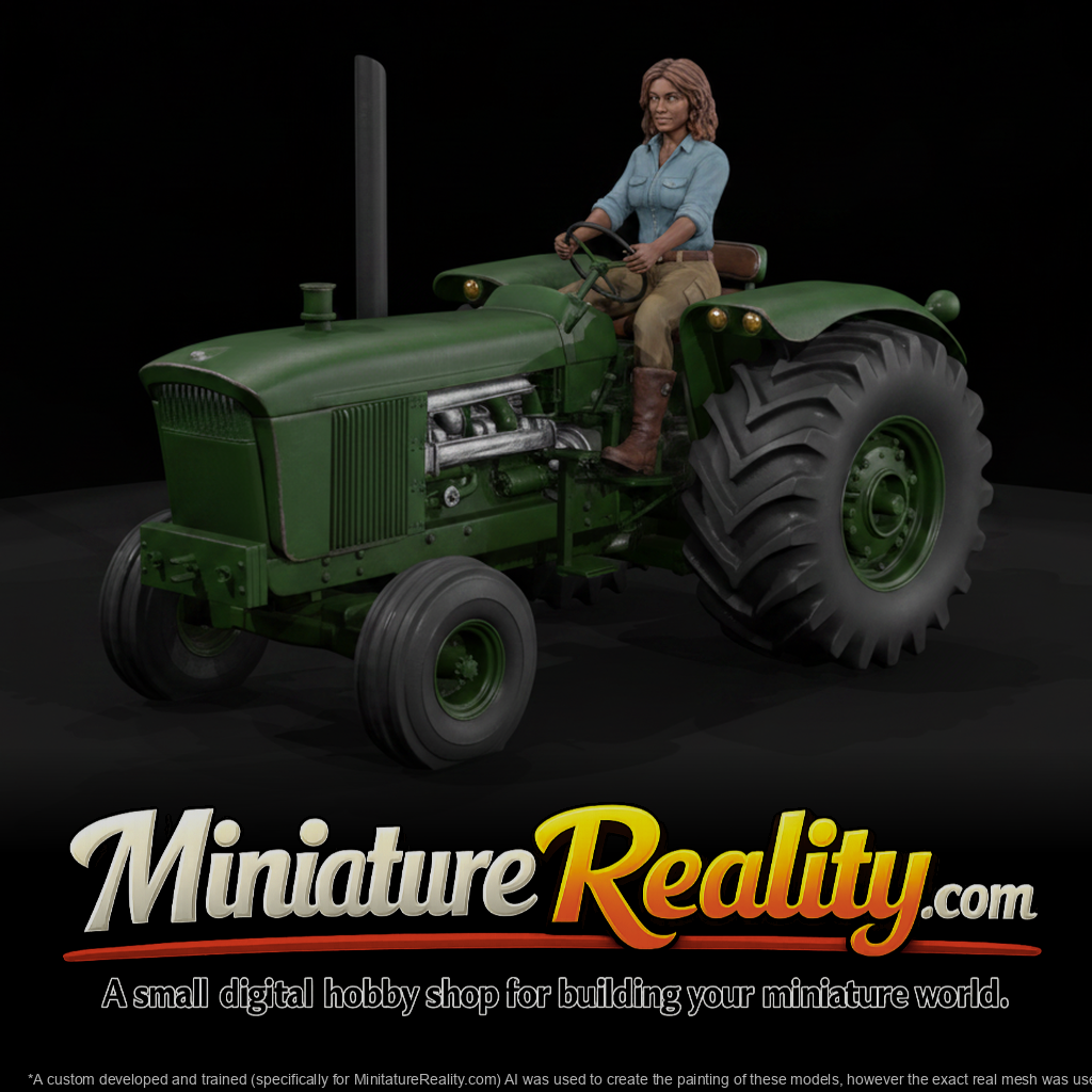 Woman on Green Tractor miniature, three-quarter view