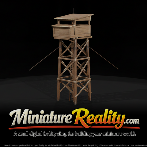 Wooden Guard Tower miniature, three-quarter view