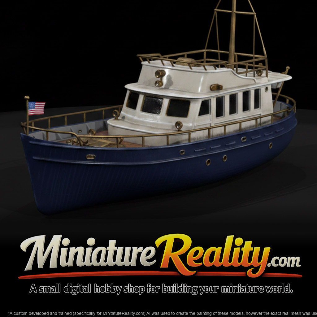 Wooden Motor Yacht miniature, three-quarter view