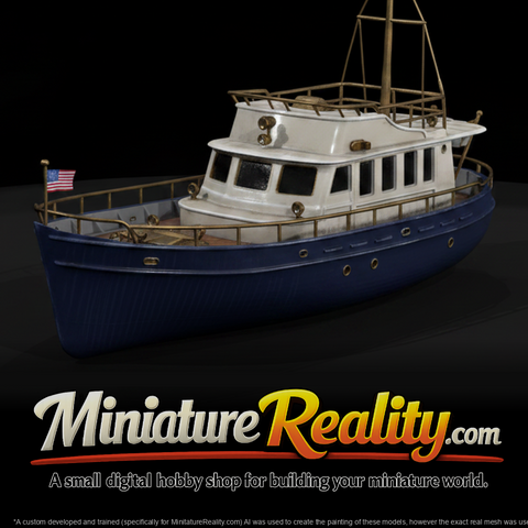 Wooden Motor Yacht miniature, three-quarter view
