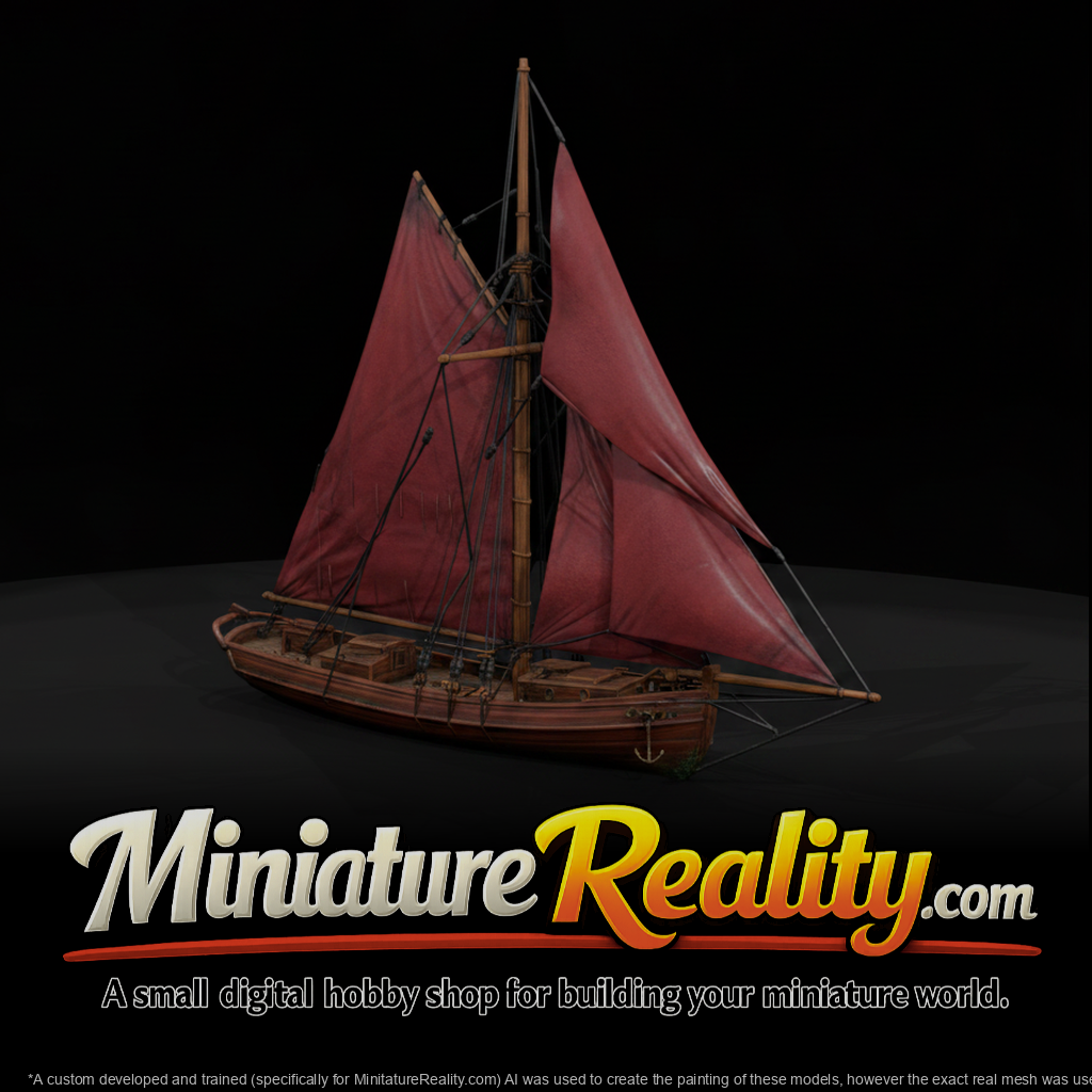 Wooden Sailboat Red Sails miniature, three-quarter view