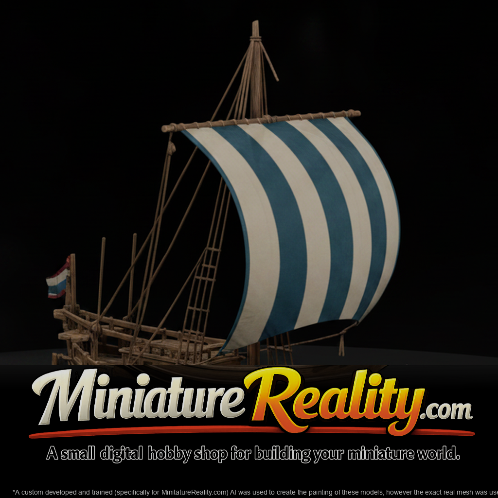 Wooden Ship Striped Sail miniature, three-quarter view