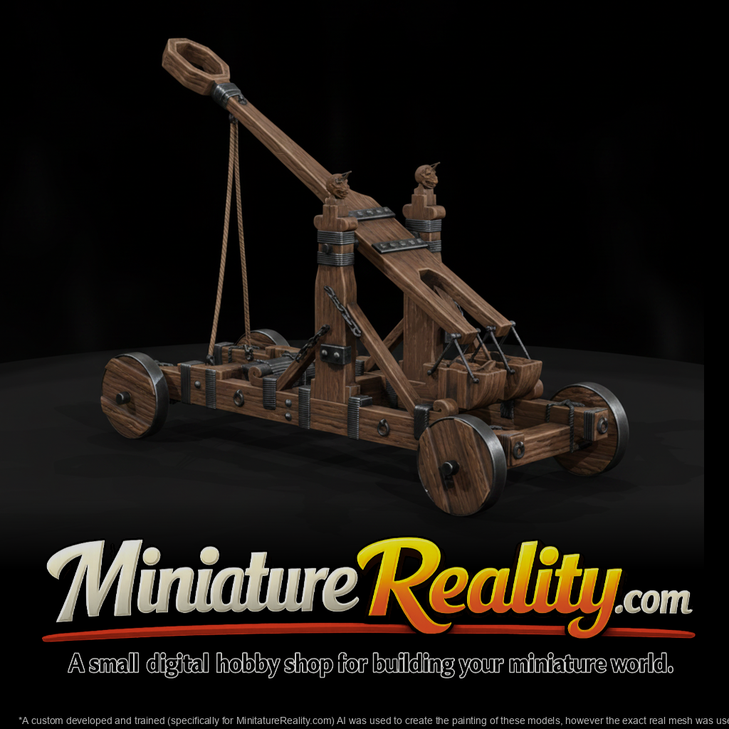 Wooden Trebuchet miniature, three-quarter view