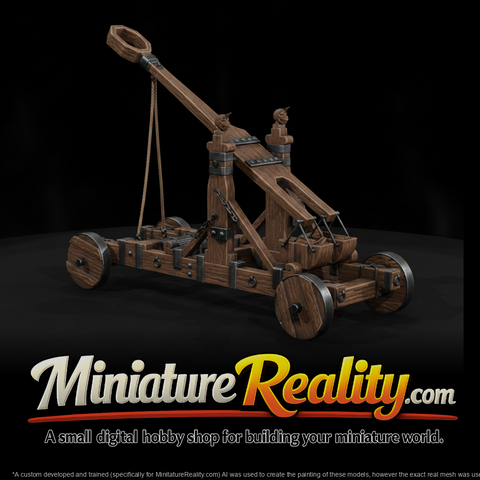 Wooden Trebuchet miniature, three-quarter view
