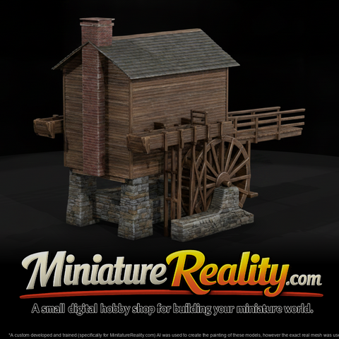 Wooden Water Mill miniature, three-quarter view