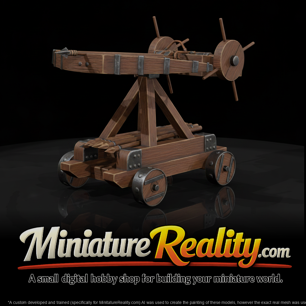 Wooden Wheeled Ballista miniature, three-quarter view