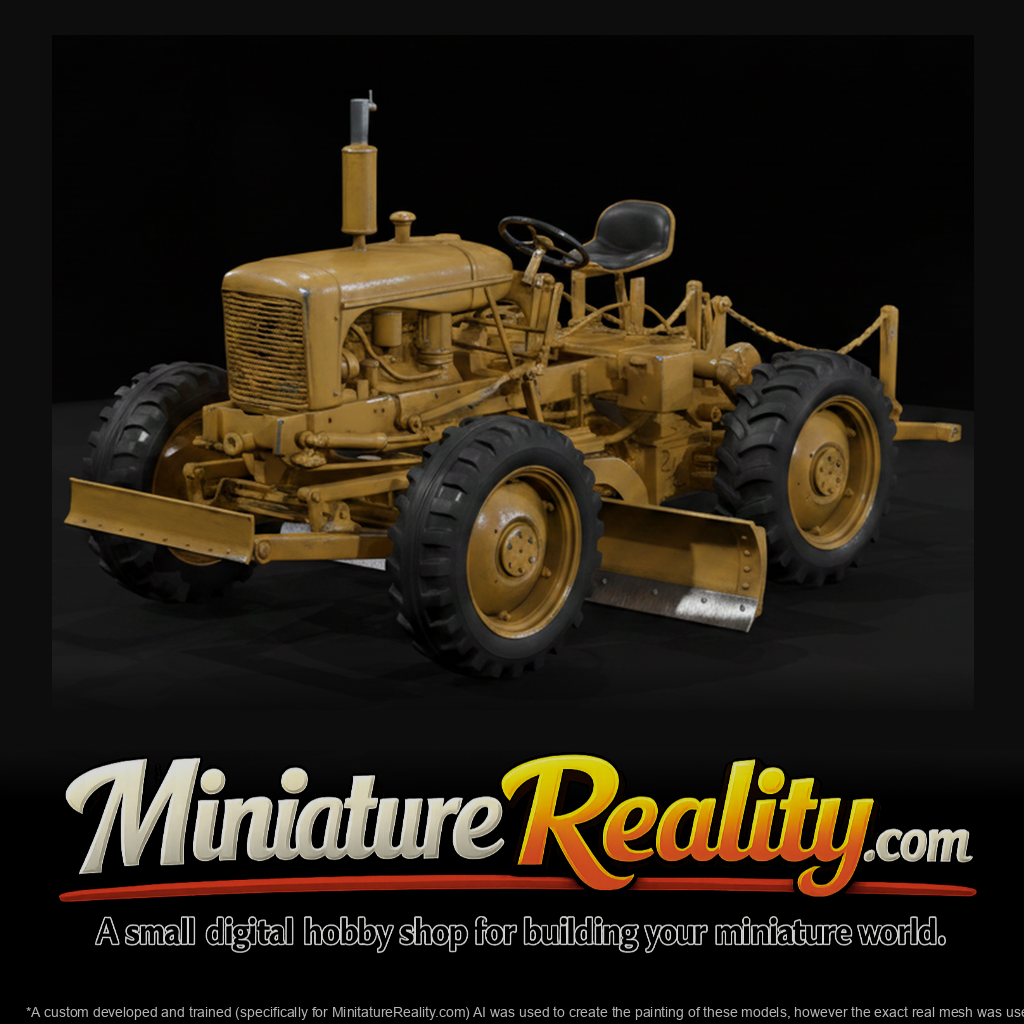 Vintage Yellow Road Motor Grader miniature, three-quarter view