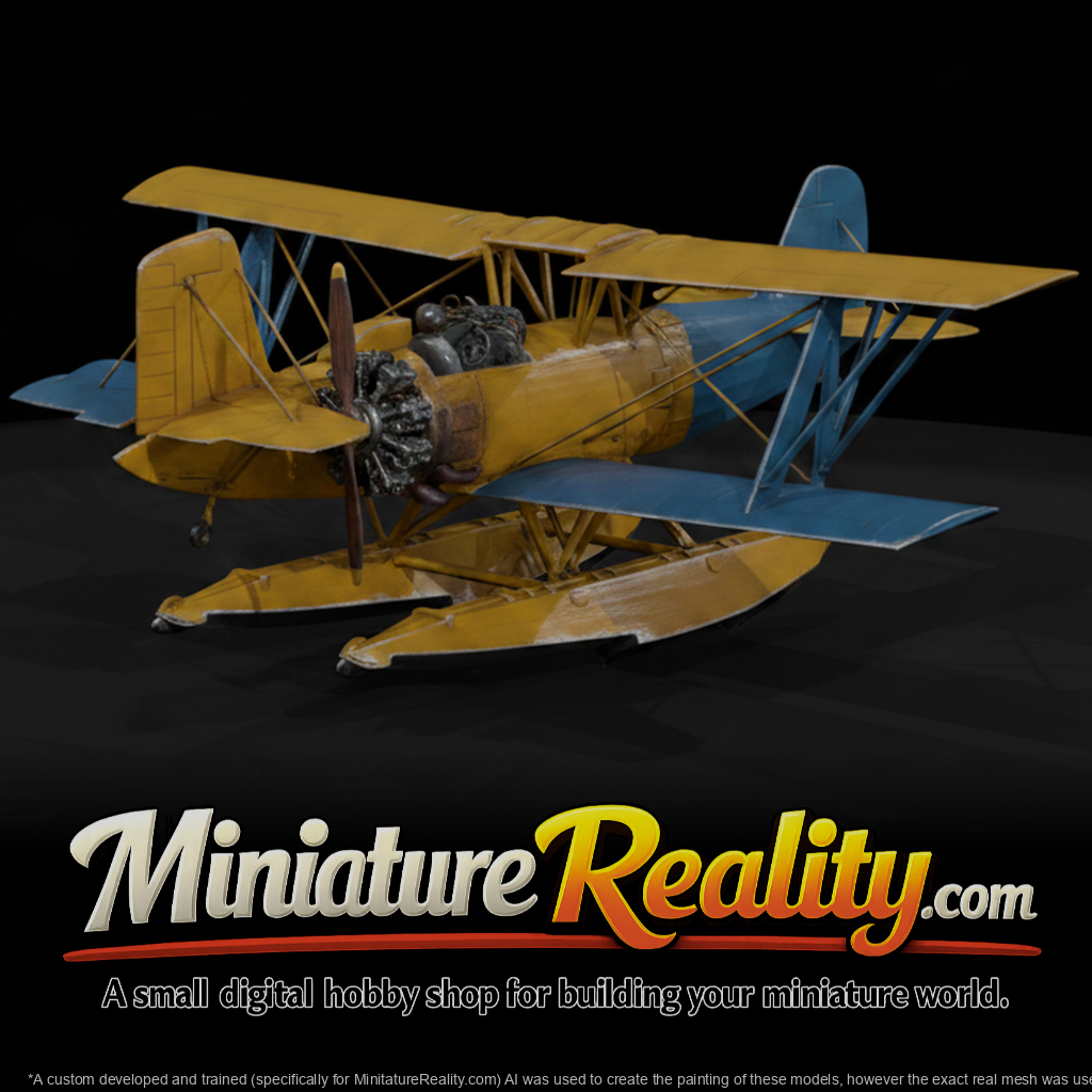 Yellow Blue Biplane Seaplane miniature, three-quarter view