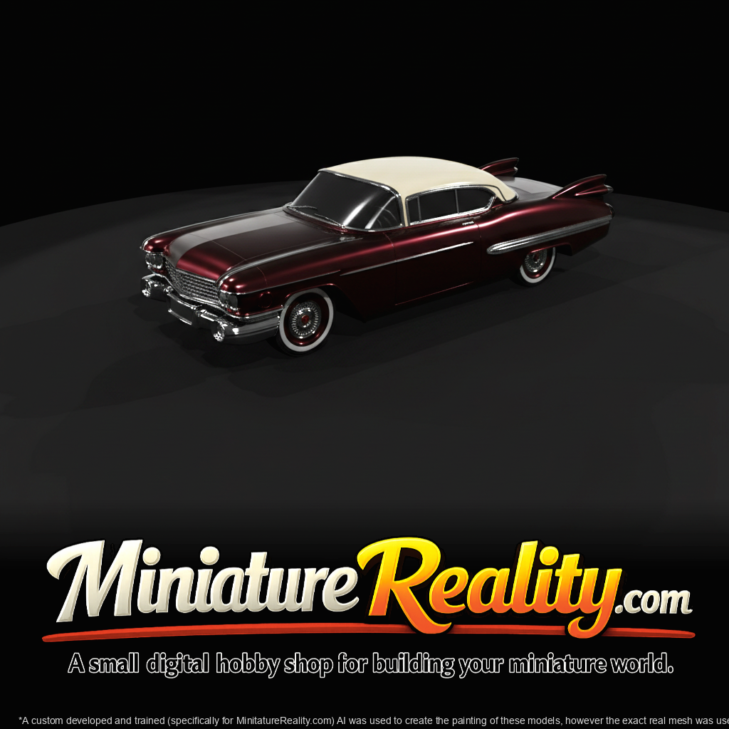 large American two-door coupe with pronounced tailfins (late 1950s) — classic chrome-era styling
