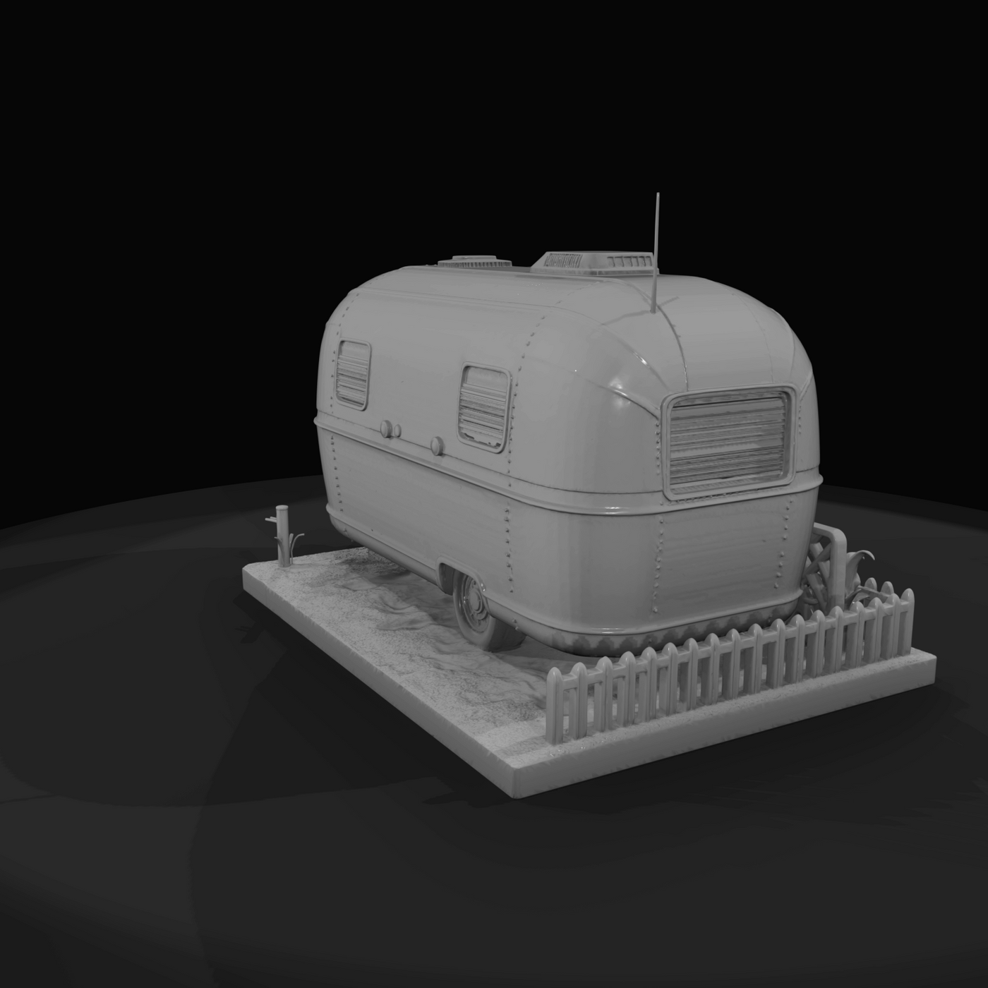 Airstream-style travel trailer (scale model / diorama)