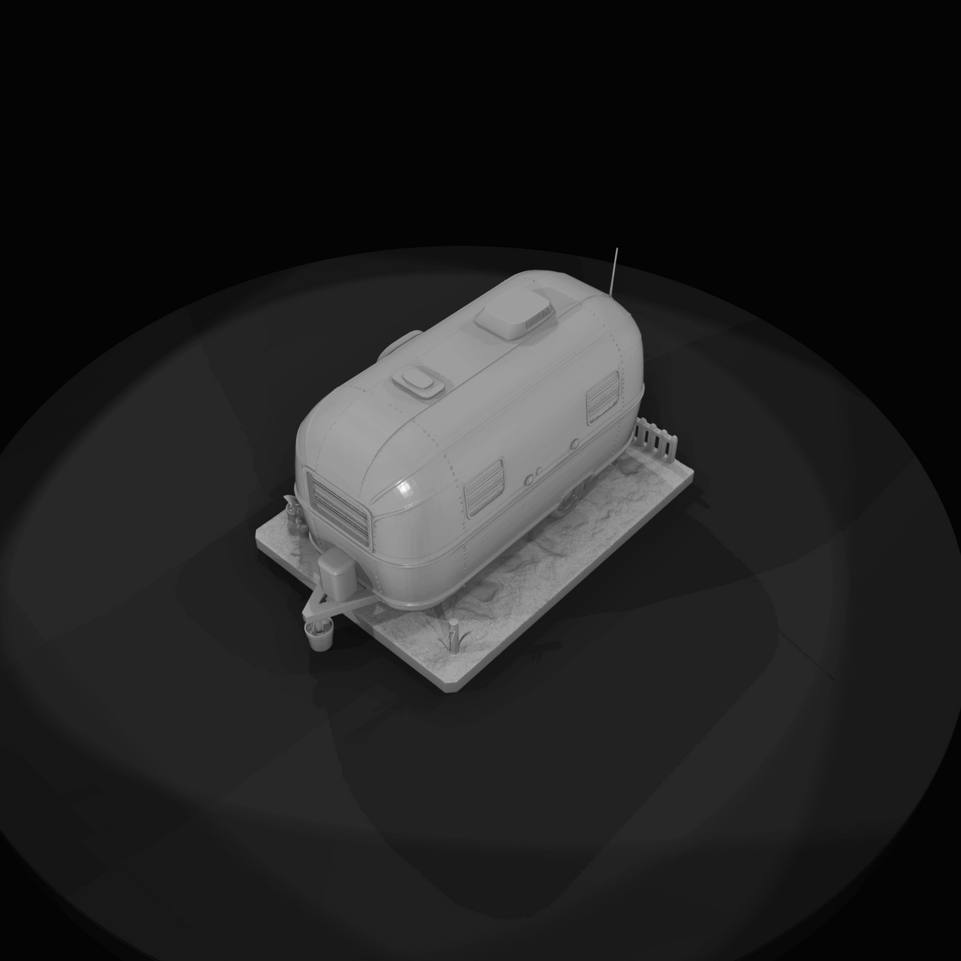 Airstream-style travel trailer (scale model / diorama)
