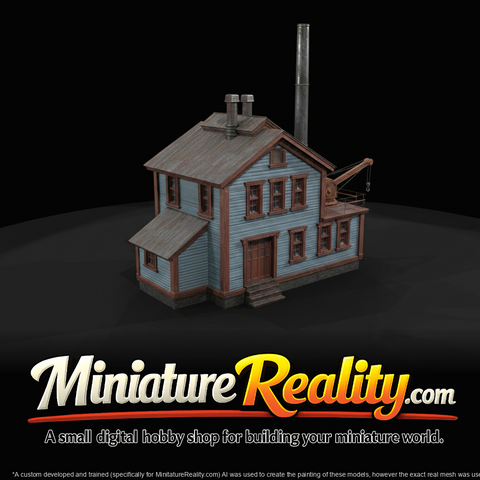 Two-story wooden industrial workshop with derrick (crane) and smokestack