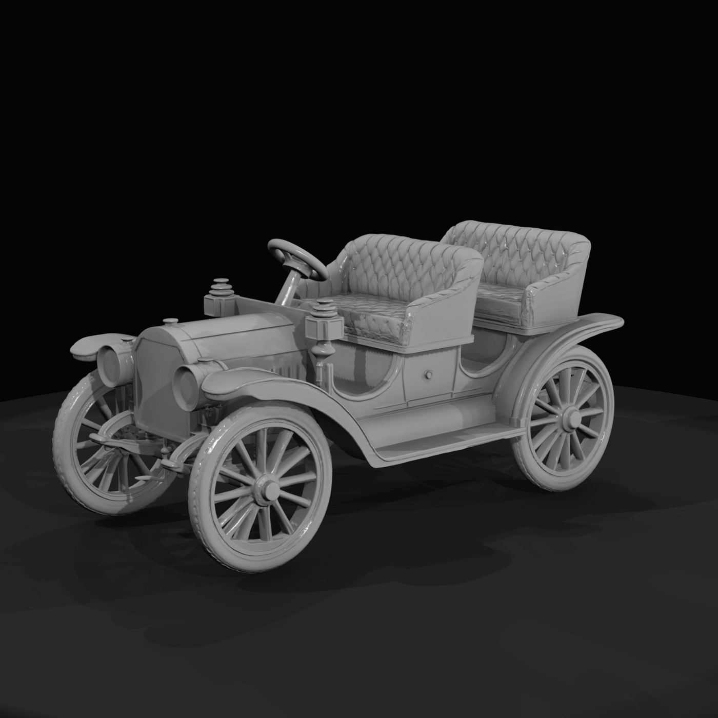 generic early 1900s motorcar (touring/open-top) — not branded; characteristic wooden-spoke wheels, separate front and rear tufted bench seats