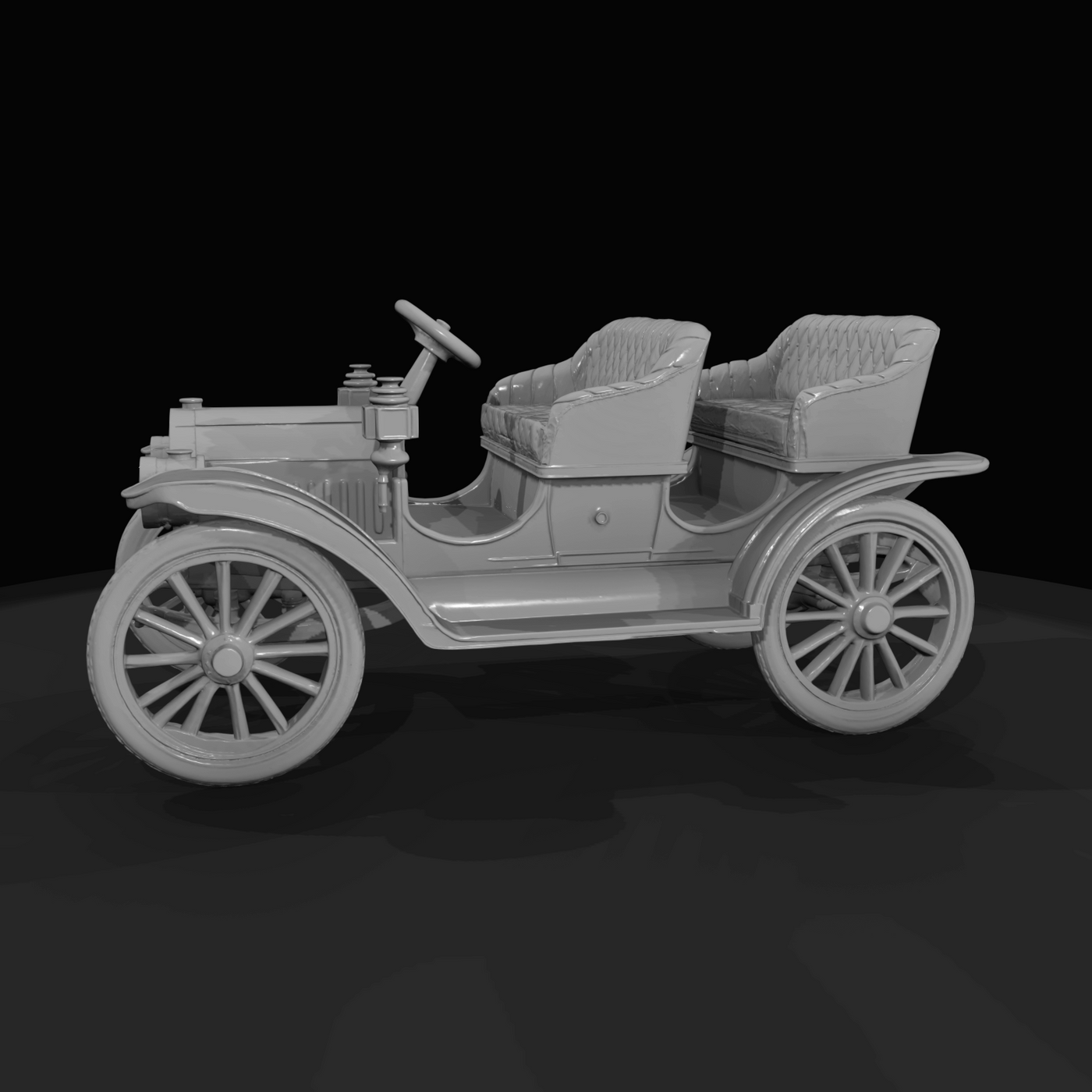 generic early 1900s motorcar (touring/open-top) — not branded; characteristic wooden-spoke wheels, separate front and rear tufted bench seats