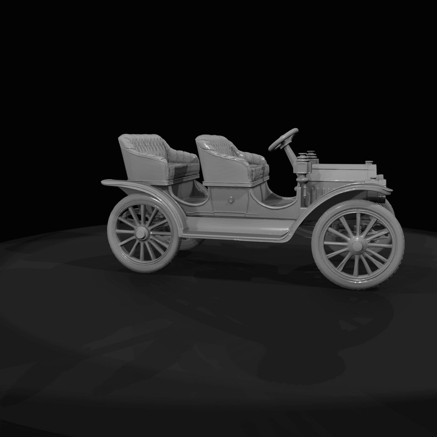 generic early 1900s motorcar (touring/open-top) — not branded; characteristic wooden-spoke wheels, separate front and rear tufted bench seats