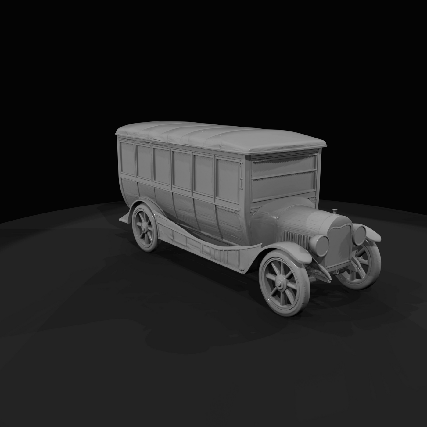 early 20th-century motor omnibus passenger bus (1910s) — wood-spoked wheels, open-body transit