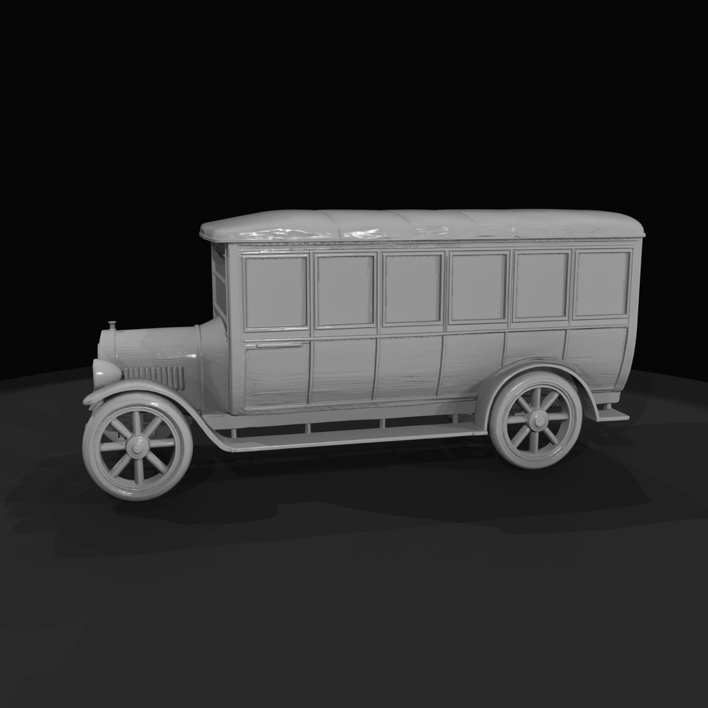 early 20th-century motor omnibus passenger bus (1910s) — wood-spoked wheels, open-body transit