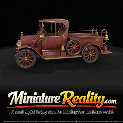 early motorized fire engine with fire brigade crew (1900s–1910s) — open cab, brass fittings, spare tires mounted on sides
