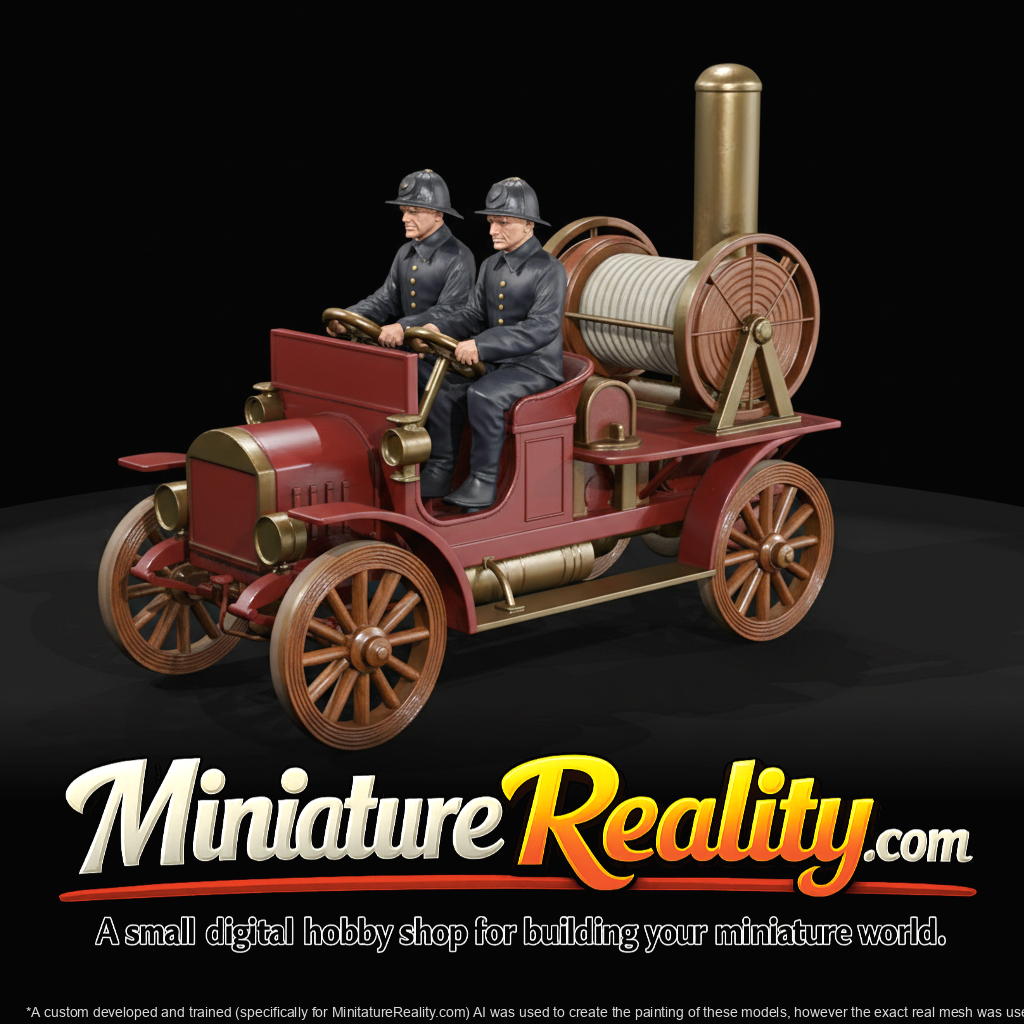 antique motorized fire engine–pump (1900s–1910s) — hose reel, spoked wheels, early apparatus