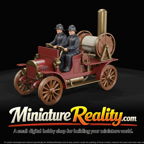 antique motorized fire engine–pump (1900s–1910s) — hose reel, spoked wheels, early apparatus