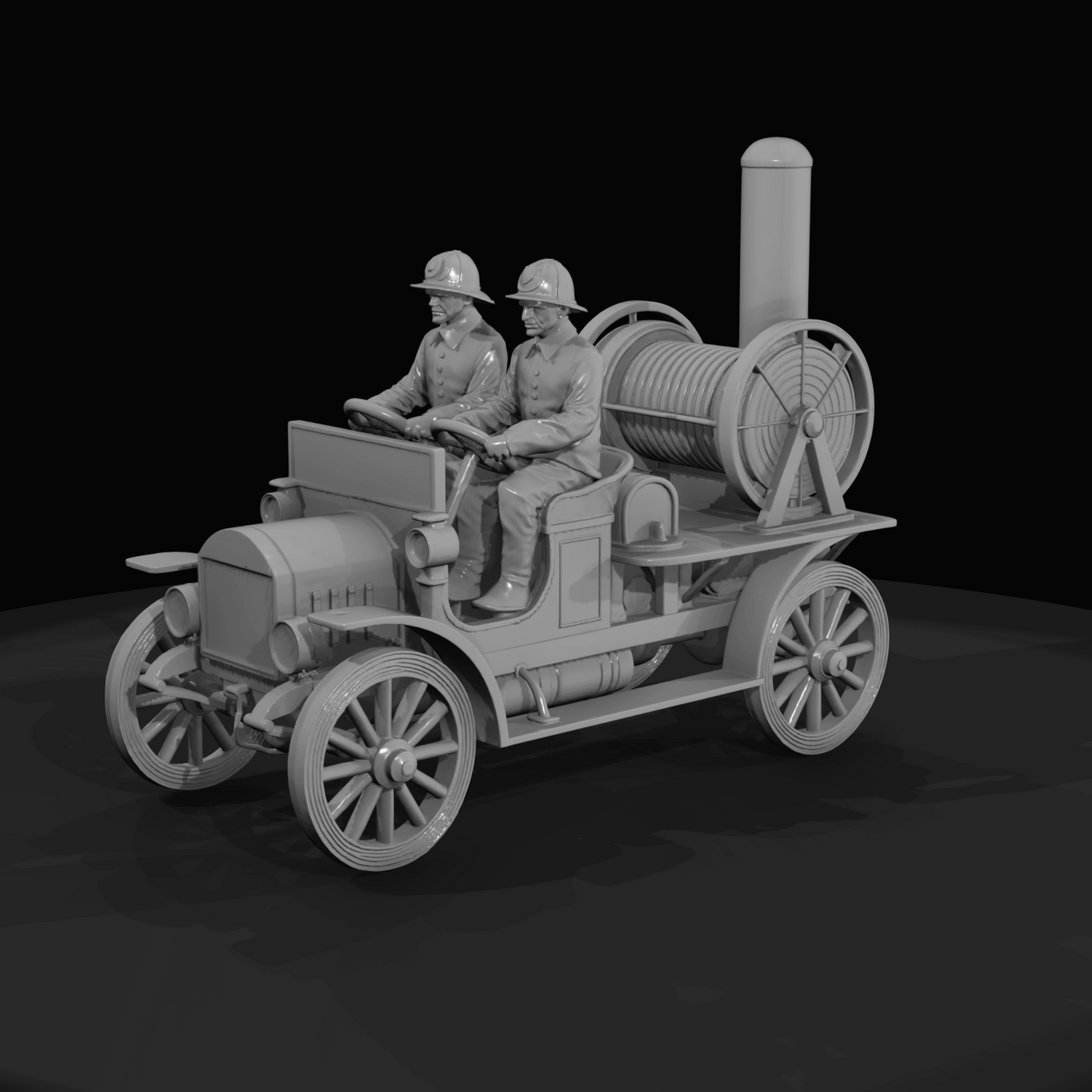 antique motorized fire engine–pump (1900s–1910s) — hose reel, spoked wheels, early apparatus