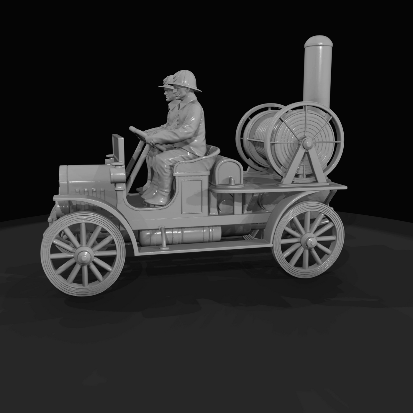 antique motorized fire engine–pump (1900s–1910s) — hose reel, spoked wheels, early apparatus