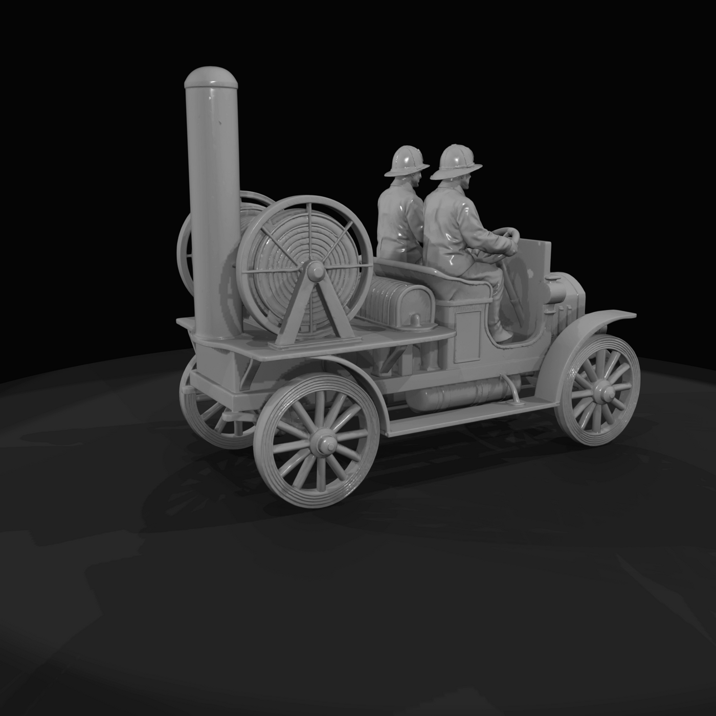antique motorized fire engine–pump (1900s–1910s) — hose reel, spoked wheels, early apparatus