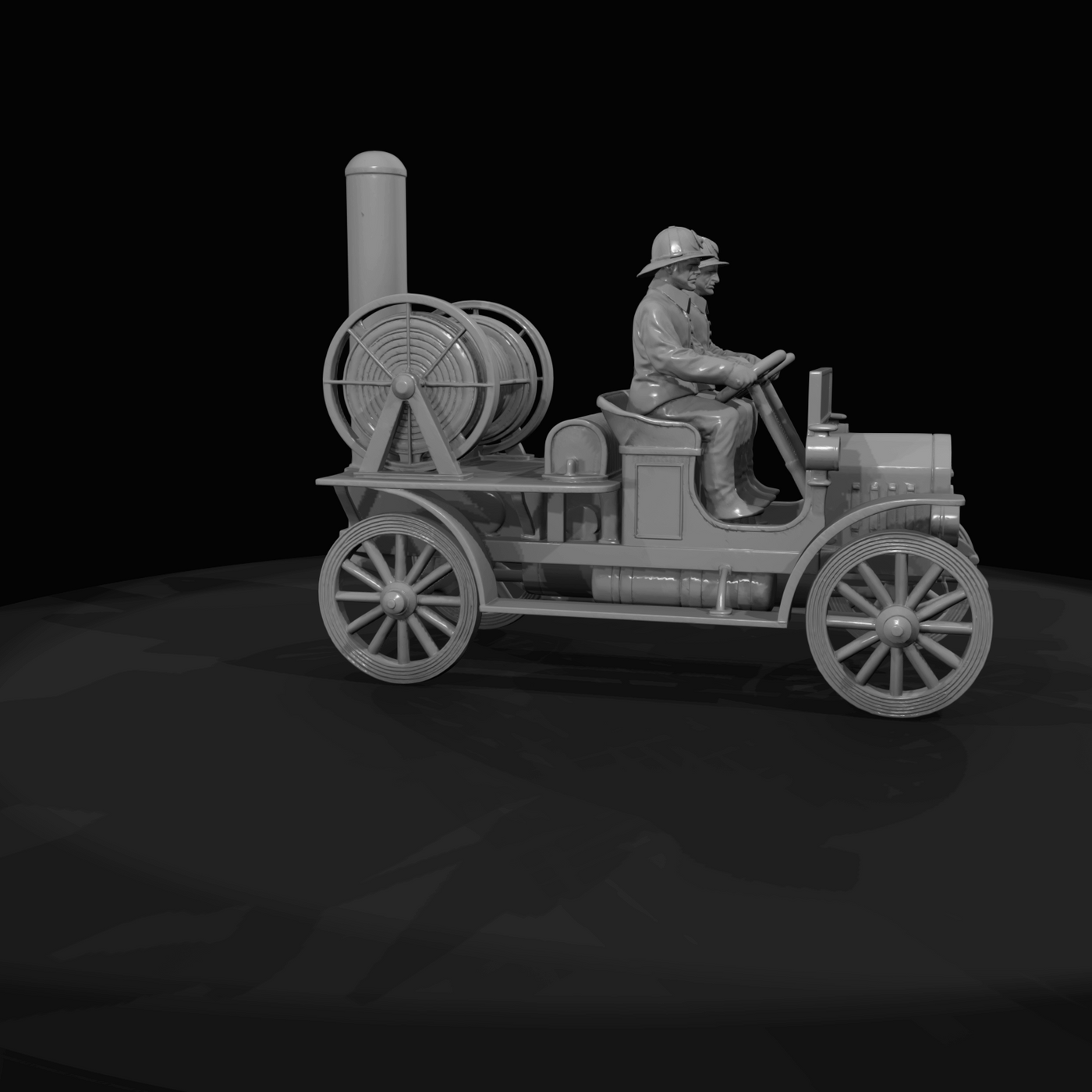 antique motorized fire engine–pump (1900s–1910s) — hose reel, spoked wheels, early apparatus